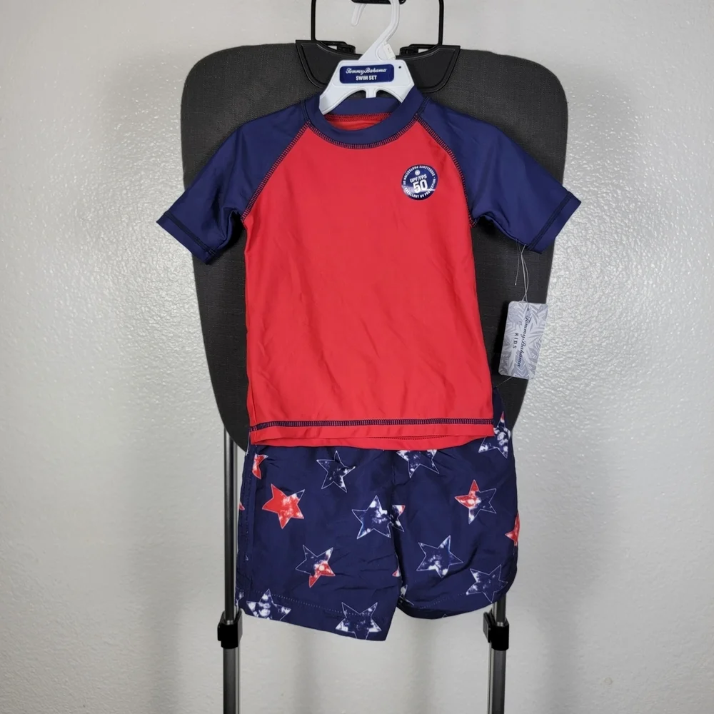 Tommy Bahama Infant Boy's 2 Pc Rash Guard Swimsuit Trunks Top Set Red Blue 2T